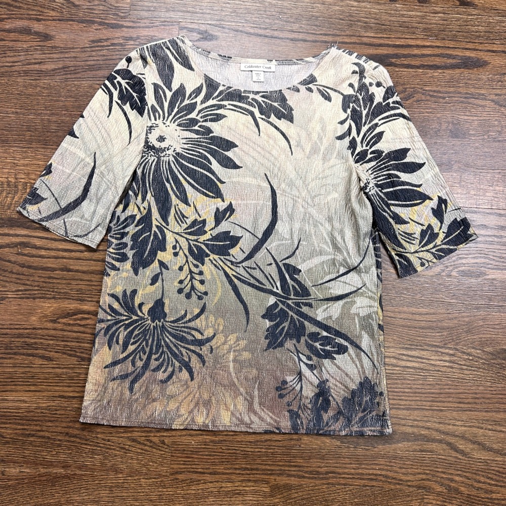 Coldwater Creek Womens Large Floral‎ Crinkle Texture Top Short Sleeve Made USA